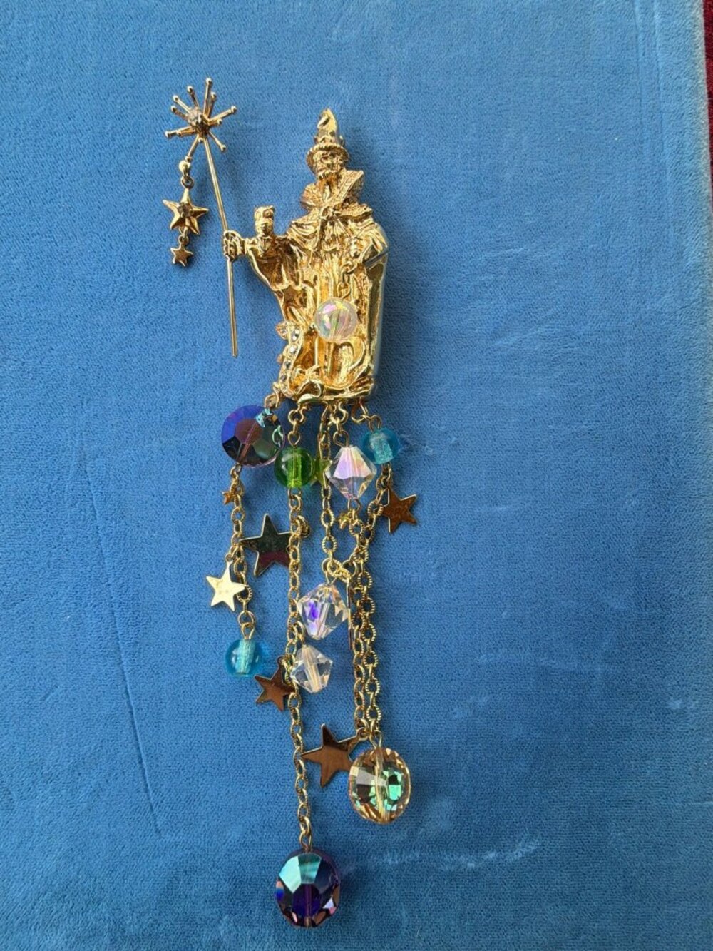 Vintage Kirks Folly Wizard Brooch Merlin Magic Wand AB Crystal Star Dangle Pin